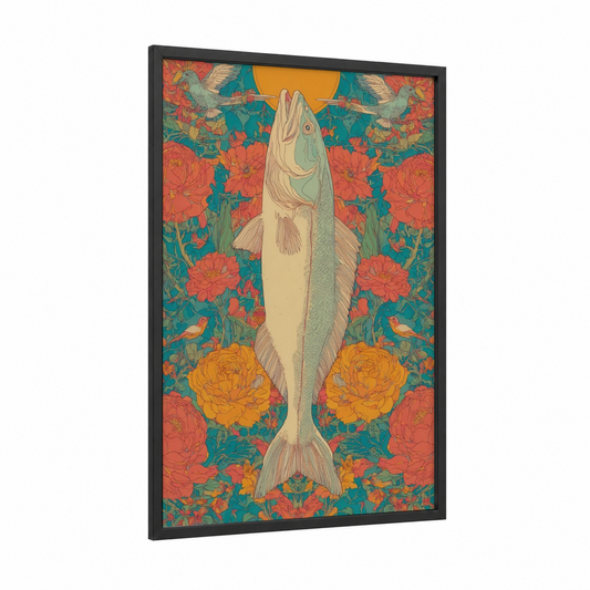 Golden Snook framed art print — black wood frame — teal and orange palette