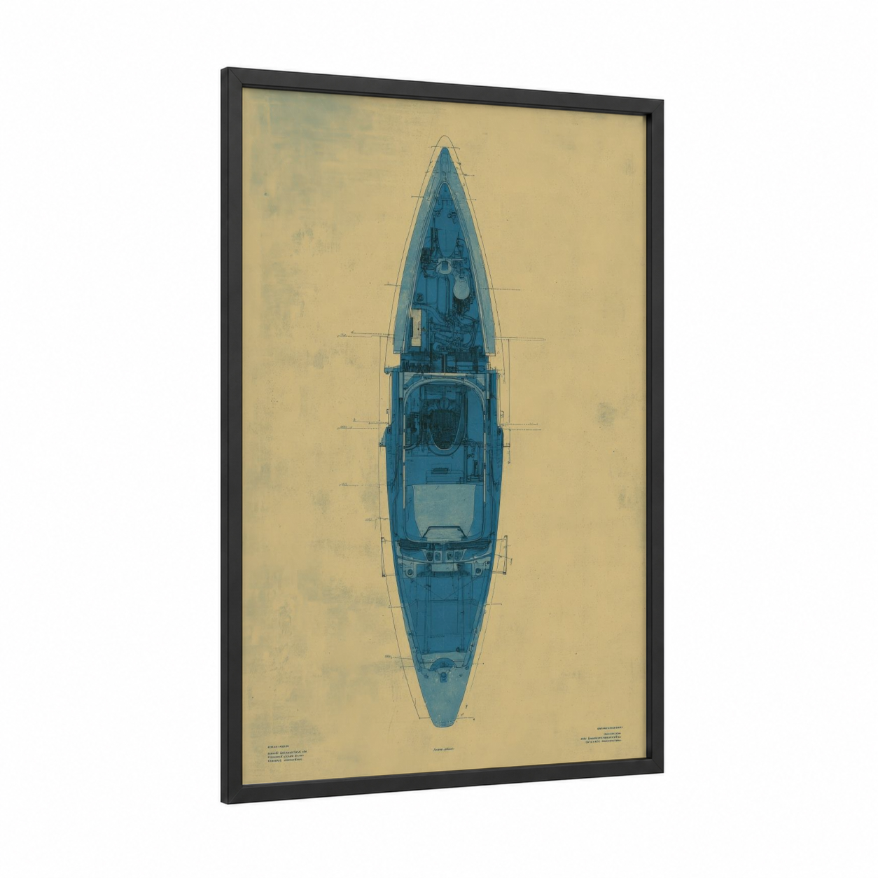 Blueprint Kayak framed kayaks and canoes print — black wood frame — blue and cream palette