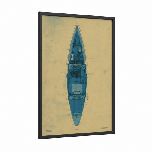 Blueprint Kayak framed kayaks and canoes print — black wood frame — blue and cream palette