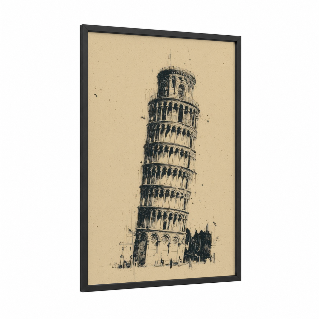 Leaning Tower Sketch framed leaning tower of pisa print — black wood frame — black and cream palette