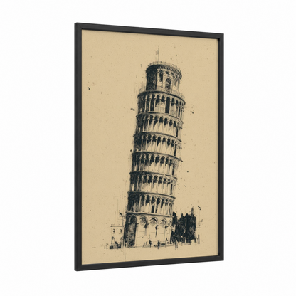Leaning Tower Sketch framed leaning tower of pisa print — black wood frame — black and cream palette