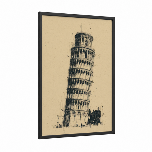 Leaning Tower Sketch framed leaning tower of pisa print — black wood frame — black and cream palette