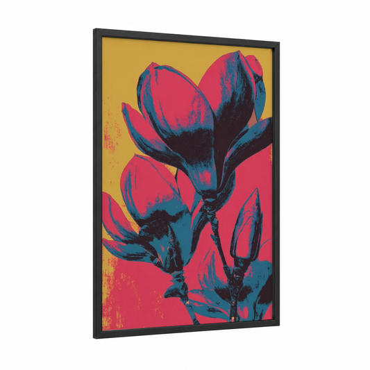 Crimson Magnolia framed art print — black wood frame — magenta and teal palette