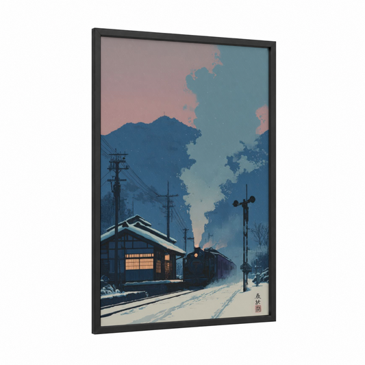 Snowy Station Train framed art print — black wood frame — blue and gray and pink palette