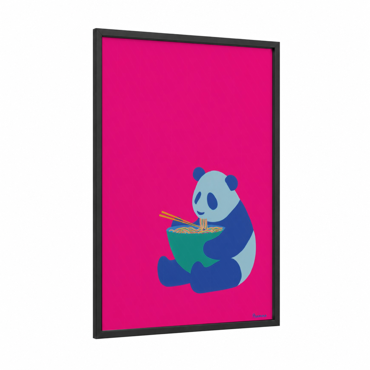 Noodle Panda framed art print — black wood frame — magenta and blue palette