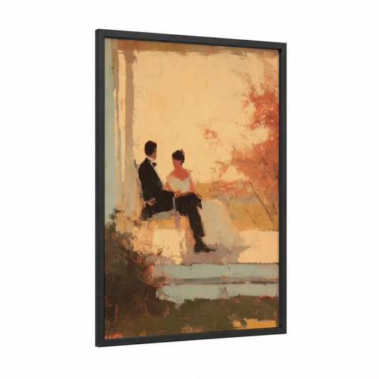 Intimate Moment Couple framed groom and bride print — black wood frame — gold and russet palette