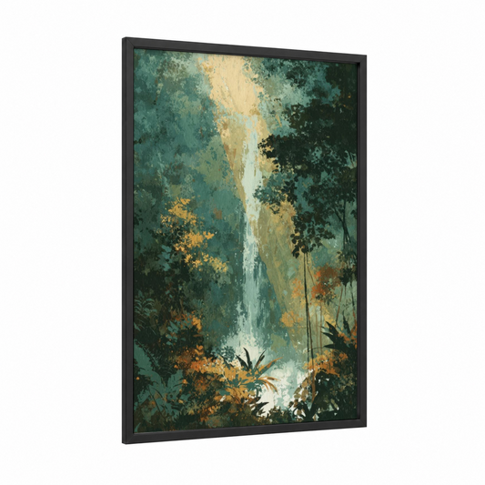 Emerald Waterfall framed art print — black wood frame — dark green and gold palette