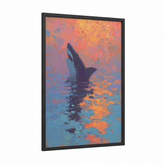Sunset Basking Shark framed art print — black wood frame — gold and blue palette