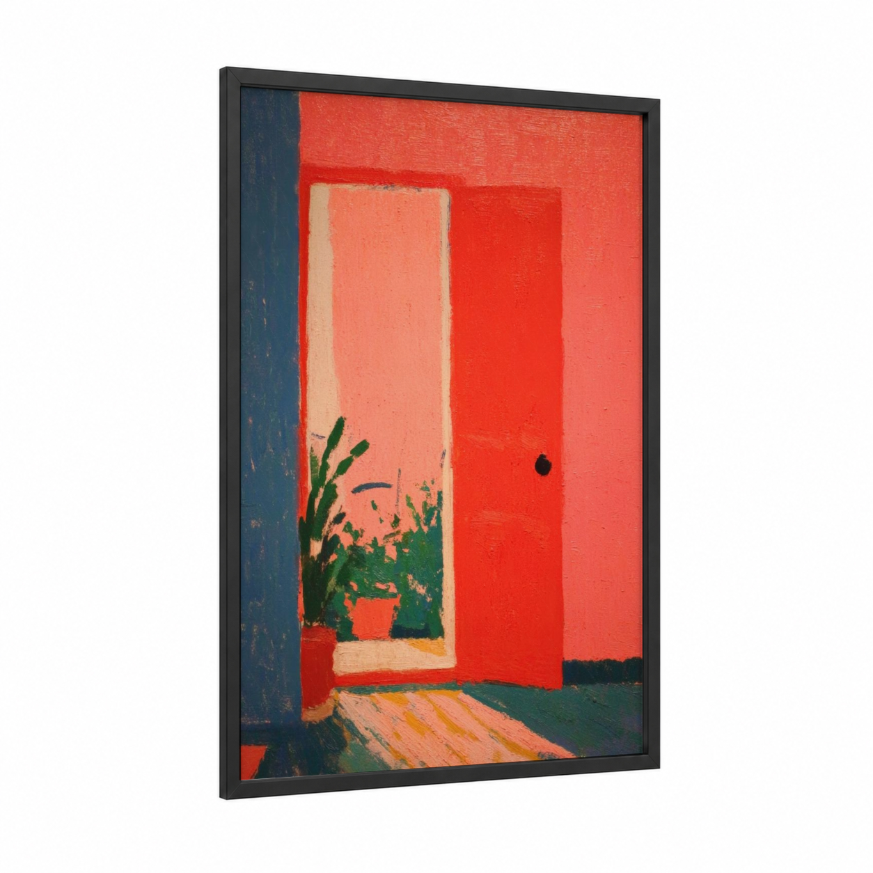 Red Entry Door framed art print — black wood frame — red and blue palette