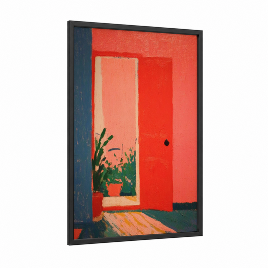 Red Entry Door framed art print — black wood frame — red and blue palette