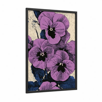 Purple Violets Botanical framed art print — black wood frame — magenta and black and blue palette
