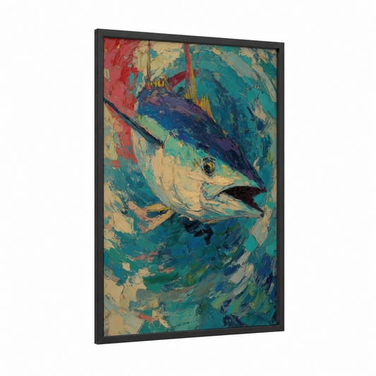 Expressionist Tuna framed art print — black wood frame — teal and cream palette
