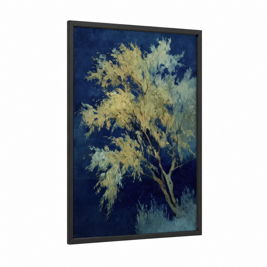 Golden Willow framed willow tree print — black wood frame — dark blue and gold palette