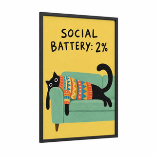 Tired Cat on Sofa Wall Art framed art print — black wood frame — yellow and turquoise palette