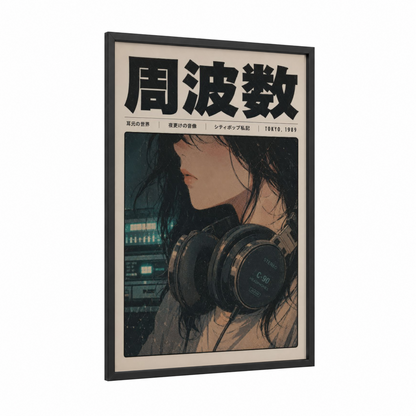 Tokyo 1989 Retro Anime Headphone Wall Art framed music equipment print — black wood frame — beige and black palette