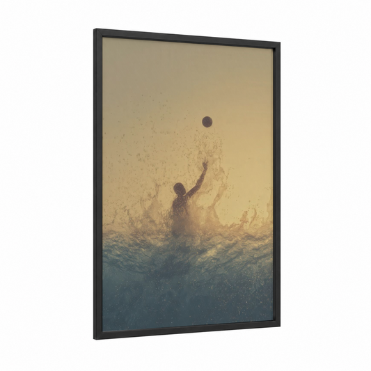 Golden Water Polo framed art print — black wood frame — gold and blue and gold palette