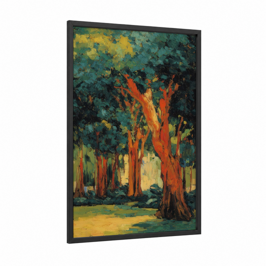 Crimson Banyan Grove framed banyan tree print — black wood frame — true green and orange palette