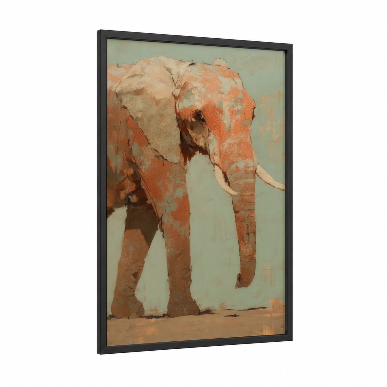 Coral Elephant framed savanna elephant print — black wood frame — peach and sage green palette