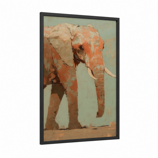 Coral Elephant framed savanna elephant print — black wood frame — peach and sage green palette