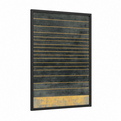 Charcoal Horizon framed abstract minimalist print — black wood frame — gray and gold palette