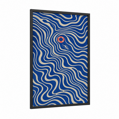 Ocean Waves Life Ring Wall Art framed seascapes and ocean print — black wood frame — royal blue and red palette