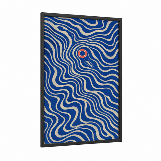Ocean Waves Life Ring Wall Art framed seascapes and ocean print — black wood frame — royal blue and red palette