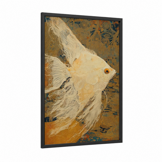 Cream Angel Fish framed art print — black wood frame — gold and white palette