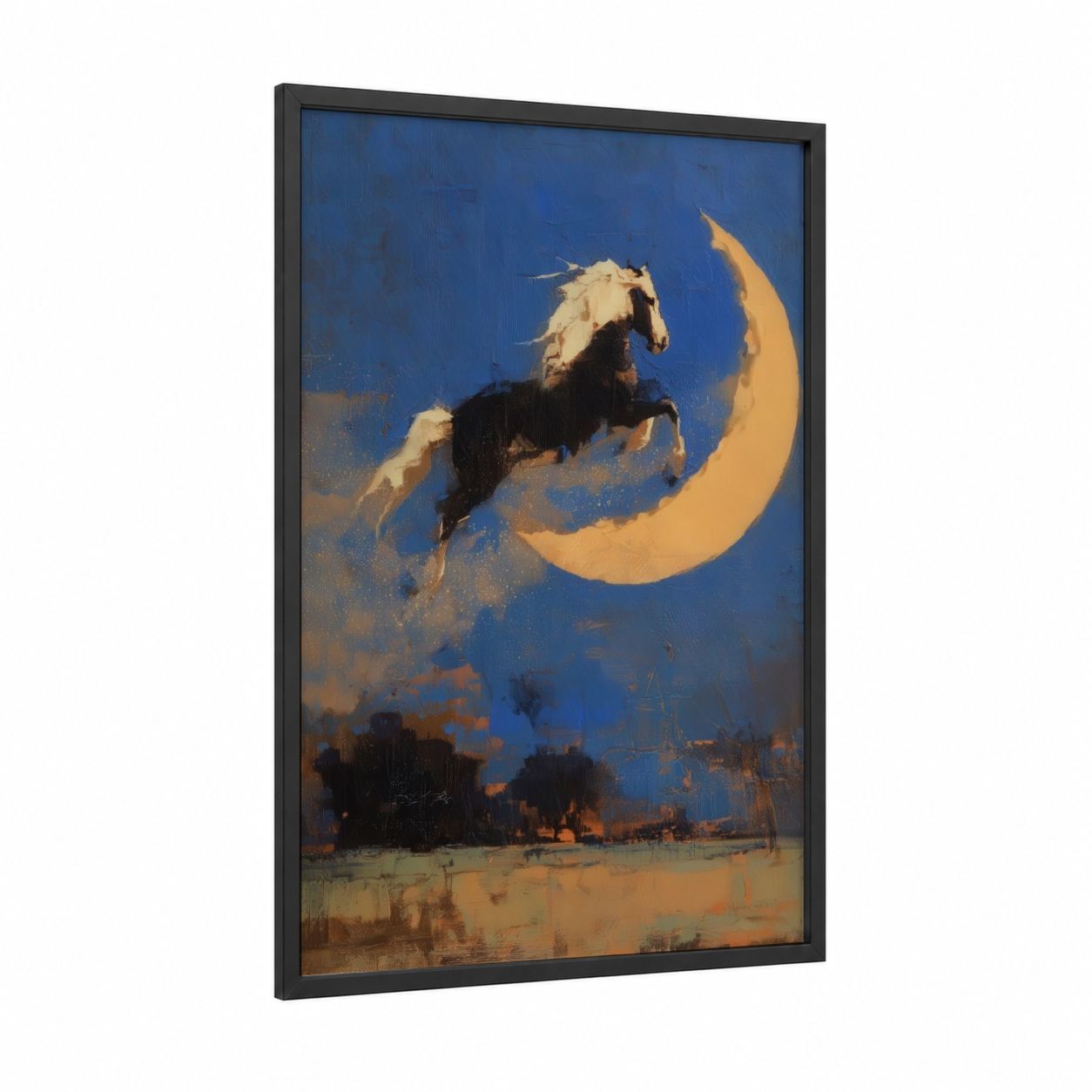 Moonlit Clydesdale framed clydesdale horse print — black wood frame — blue and yellow gold palette