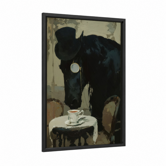 Elegant Friesian Portrait framed friesian horse print — black wood frame — cream and black palette