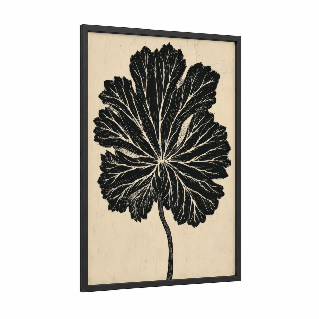 Botanical Geranium framed art print — black wood frame — black and white and cream palette