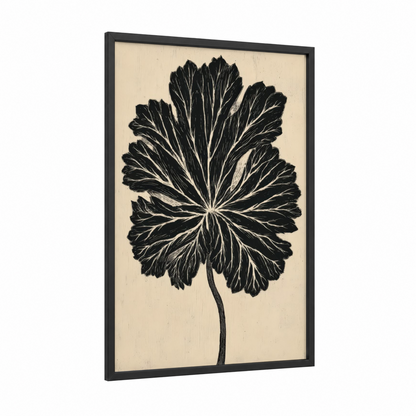 Botanical Geranium framed art print — black wood frame — black and white and cream palette