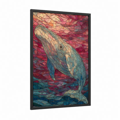 Crimson Whale framed sperm whale print — black wood frame — magenta and teal palette