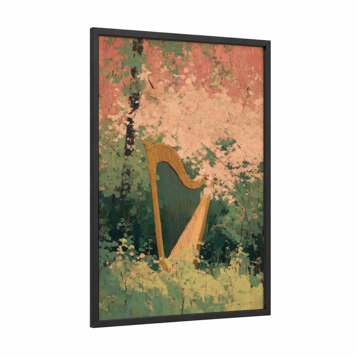 Verdant Harp framed art print — black wood frame — sage green and peach palette
