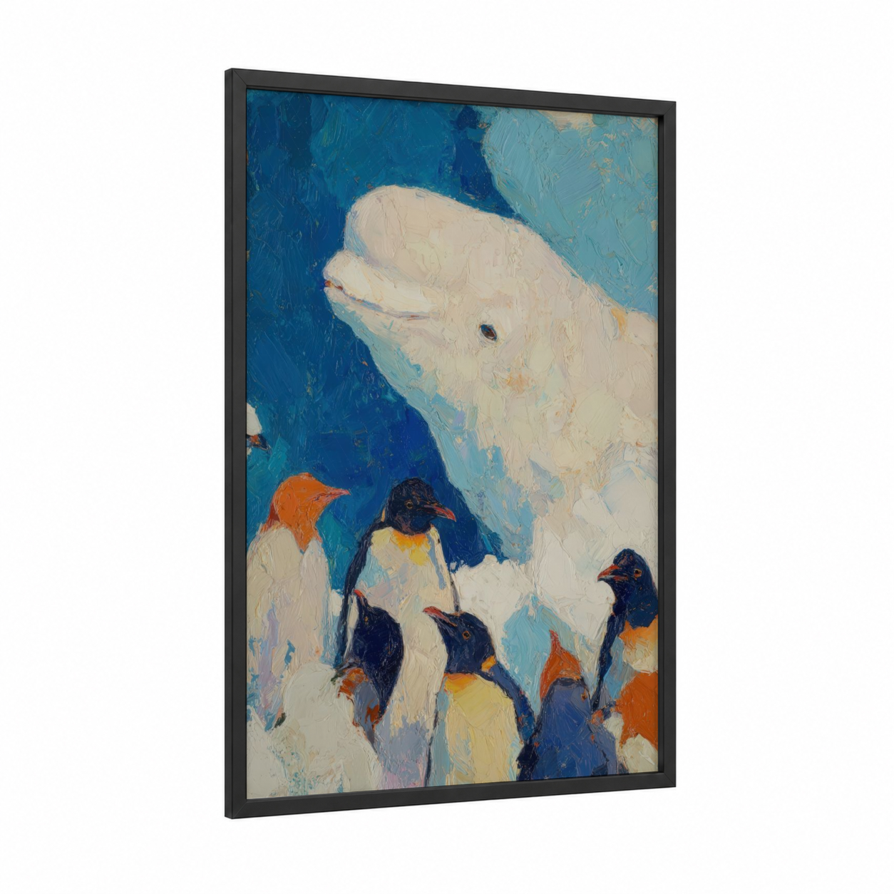 Arctic Beluga Pod framed beluga whale print — black wood frame — blue and white palette