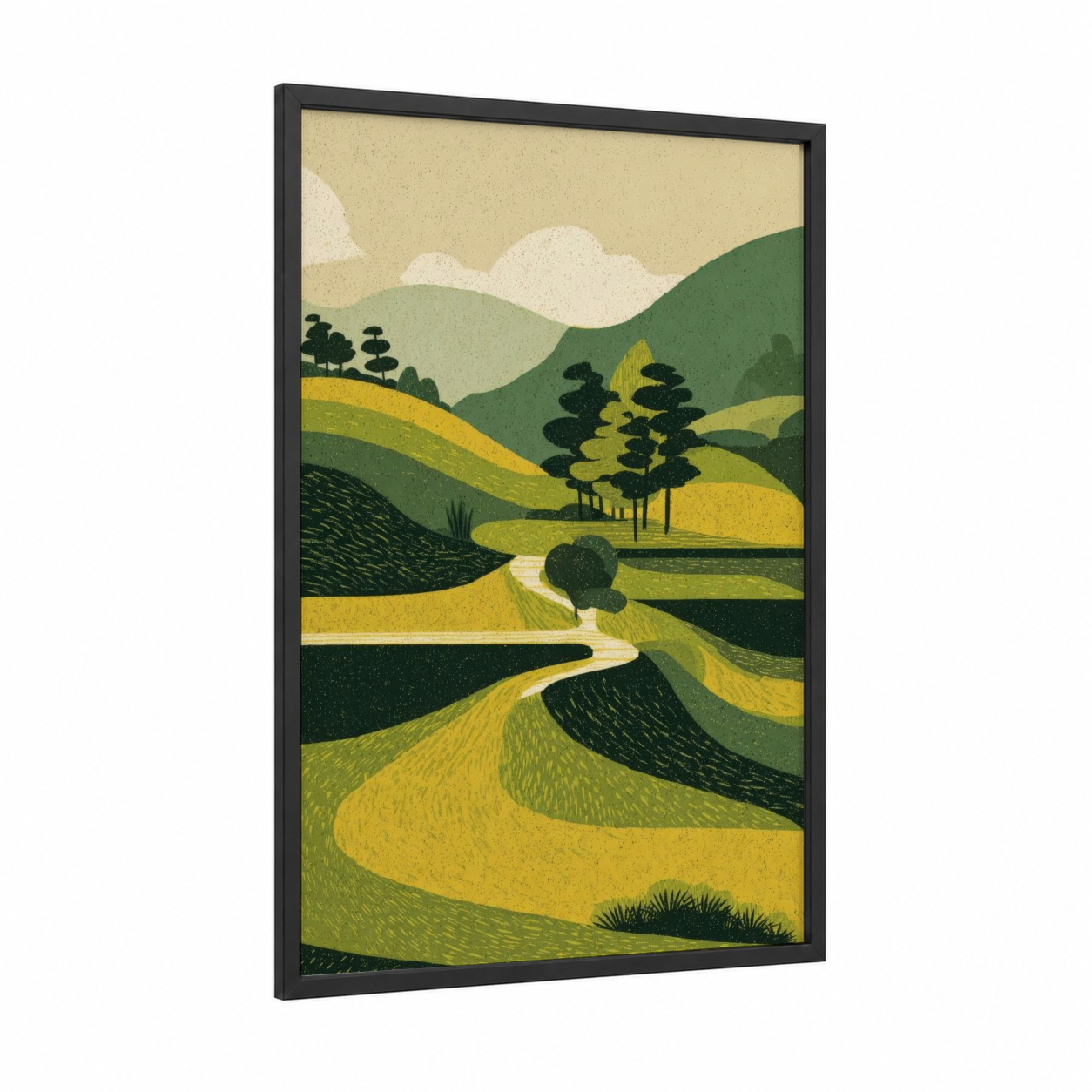 Rolling Hills Landscape framed green field print — black wood frame — true green and yellow gold palette