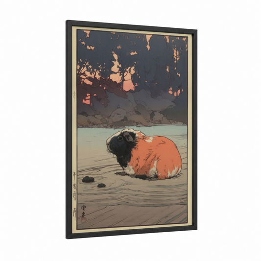 Russet Guinea Pig framed art print — black wood frame — russet and dark blue palette