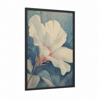 Cream Hibiscus framed art print — black wood frame — blue and cream palette