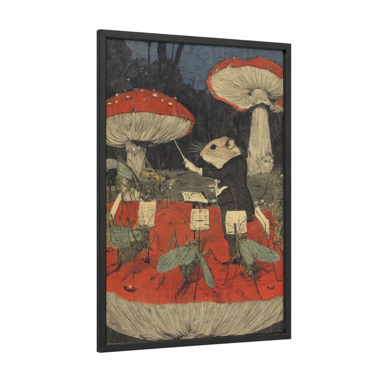 Woodland Hamster Gathering framed art print — black wood frame — red and cream palette