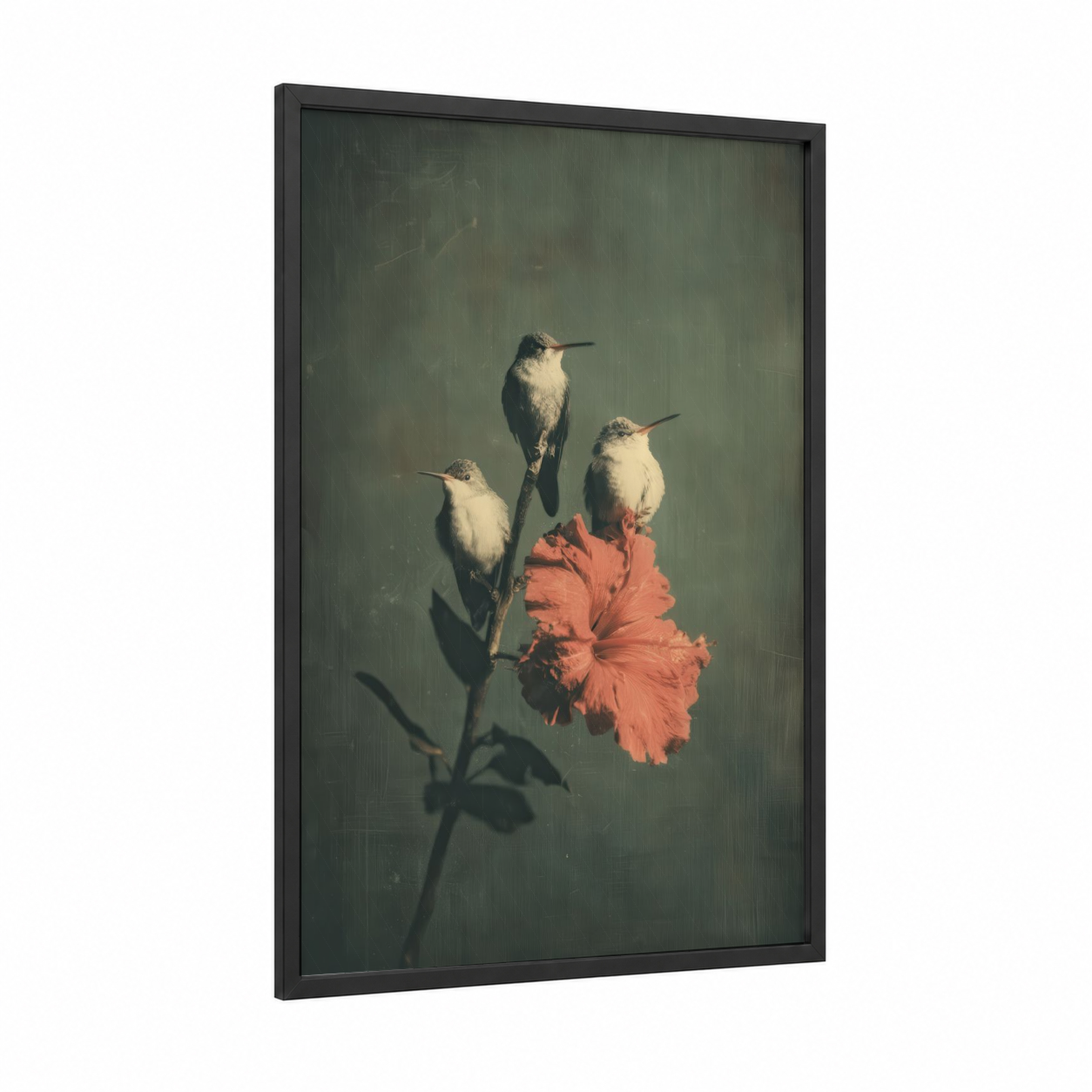 Coral Hummingbirds framed art print — black wood frame — sage green palette