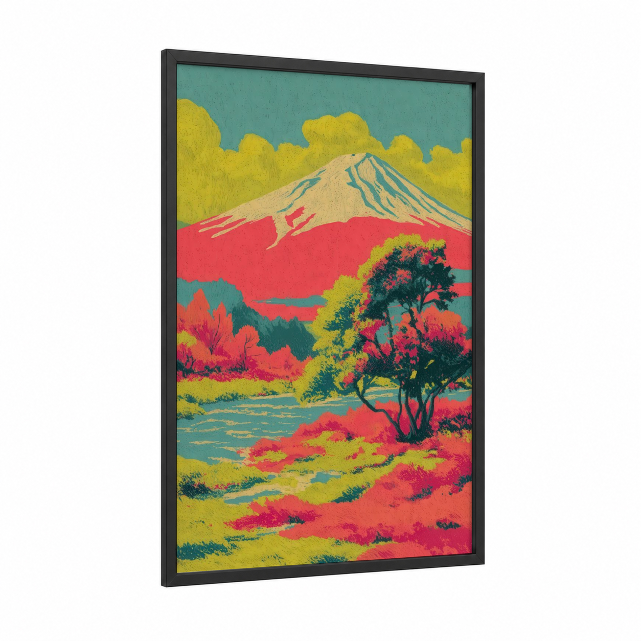 Crimson Mount Fuji framed art print — black wood frame — teal and red palette
