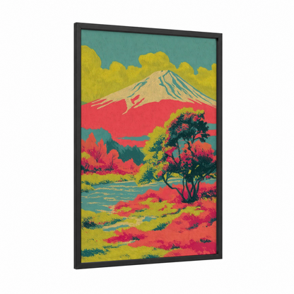 Crimson Mount Fuji framed art print — black wood frame — teal and red palette
