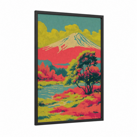 Crimson Mount Fuji framed art print — black wood frame — teal and red palette