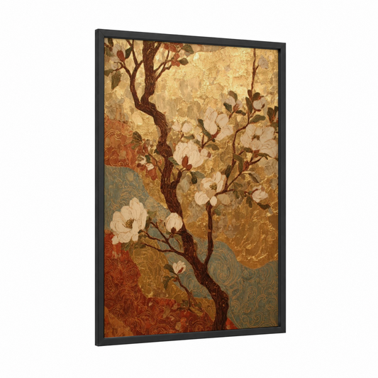 Vintage Magnolia framed art print — black wood frame — cream and gold palette