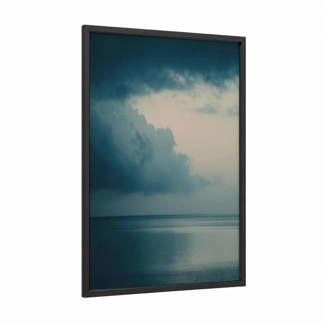 Approaching Storm framed art print — black wood frame — dark blue and gray and white palette