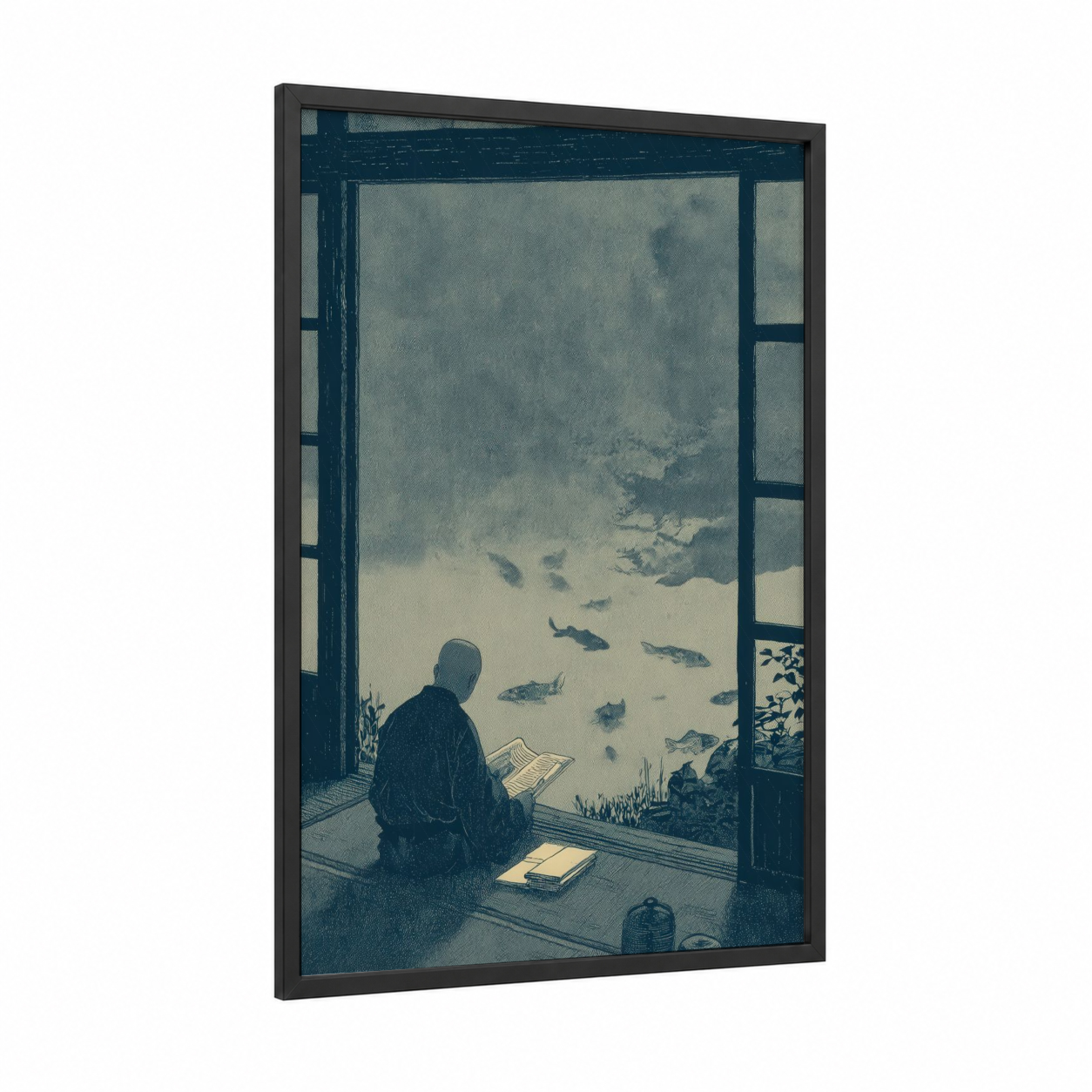 Contemplative Reader framed reading print — black wood frame — blue and gray and gray palette