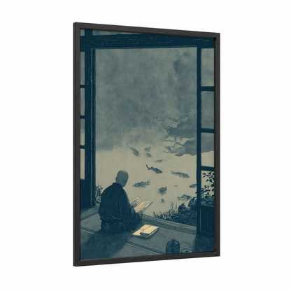 Contemplative Reader framed reading print — black wood frame — blue and gray and gray palette