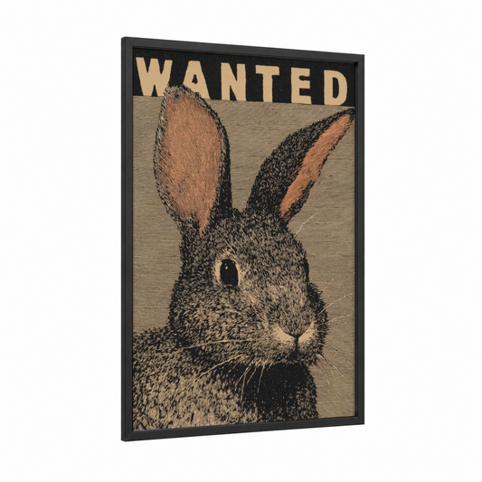 Wanted Rabbit framed easter print — black wood frame — black and white and cream palette