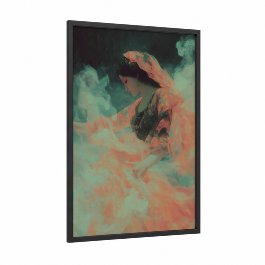 Ethereal Dancer framed belly dance print — black wood frame — salmon pink and teal palette