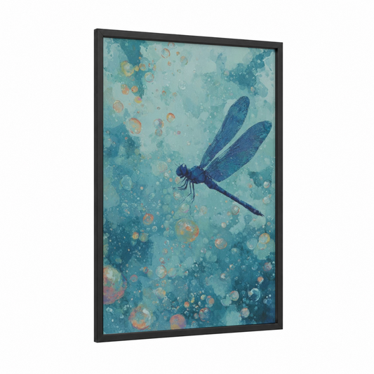 Azure Dragonfly framed art print — black wood frame — teal and peach palette