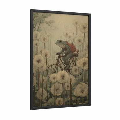 Adventurous Toad framed frogs and toads print — black wood frame — cream and sage green palette